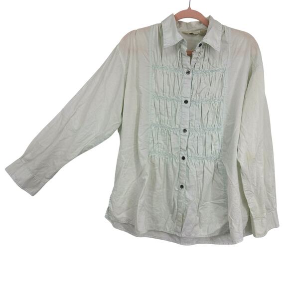 J Jill Smocked Long Sleeve Button Up Tunic size Medium Light Green Cotton - Picture 1 of 11